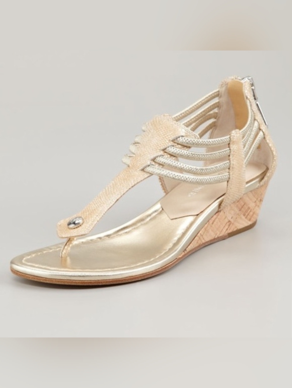NEW Donald J Pliner Dyna Metallic Gold Leather Thong Wedge Sandals 9.5